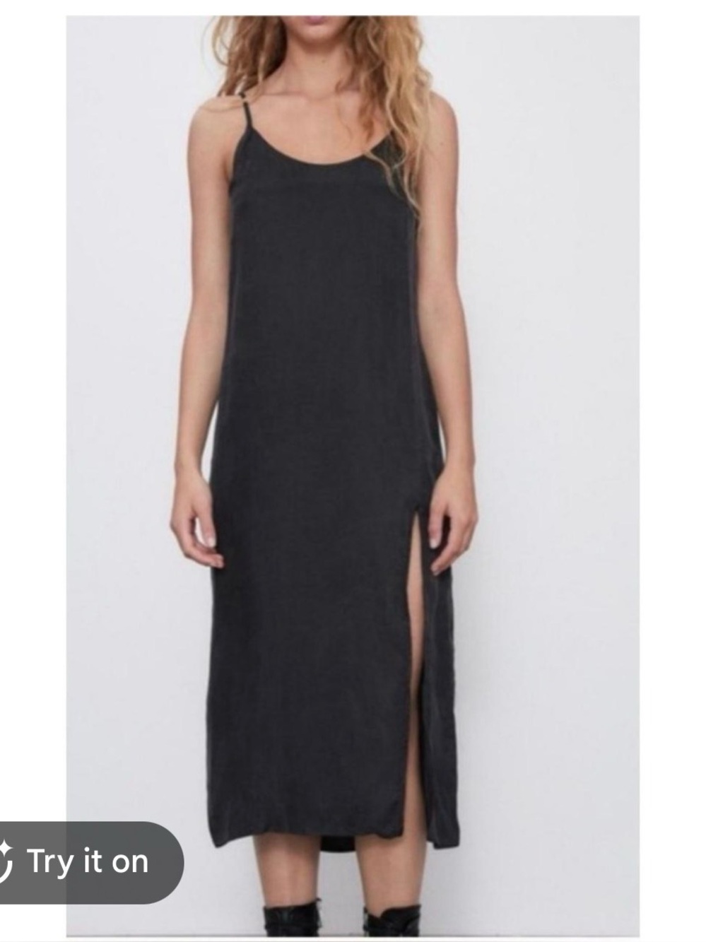 Zara Filsens Black Side Slit Slip Dress MIDI Maxi Straps Cami